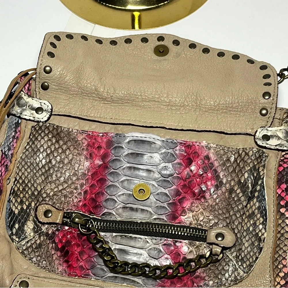 ABACO Paris Made France Leather Python Embossed Chain Crossbody Bag Pink Taupe